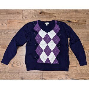 St. John's Bay V- Neck Purple Argyle Sweater XL